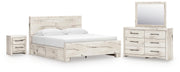 Lawroy King Panel Bed with Storage, Dresser, Mirror and Nightstand in Light Natural - PKG020197
