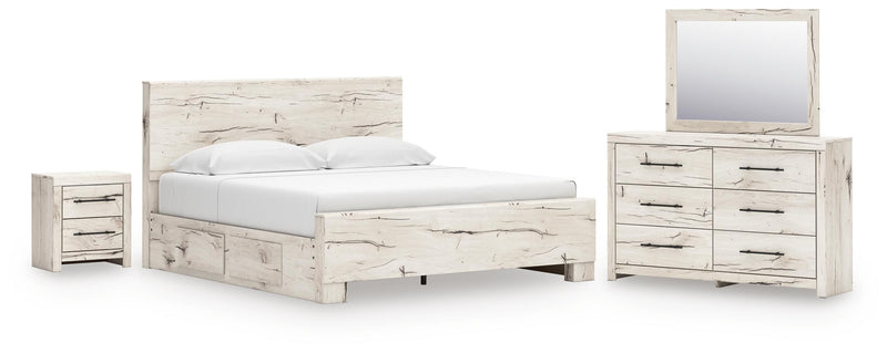 Lawroy King Panel Bed with Storage, Dresser, Mirror and Nightstand in Light Natural - PKG020197