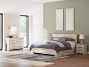 Lawroy King Panel Bed with Storage, Dresser, Mirror and Nightstand in Light Natural - PKG020197