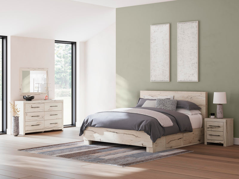 Lawroy King Panel Bed with Storage, Dresser, Mirror and Nightstand in Light Natural - PKG020197