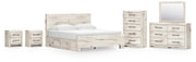 Lawroy King Panel Bed with Storage, Dresser, Mirror, Chest and 2 Nightstands in Light Natural - PKG020187
