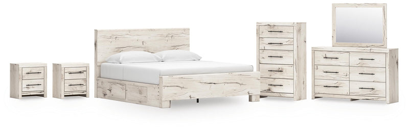 Lawroy King Panel Bed with Storage, Dresser, Mirror, Chest and 2 Nightstands in Light Natural - PKG020187