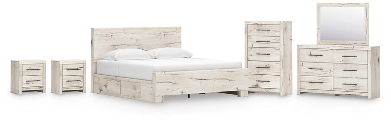Lawroy King Panel Bed with Storage, Dresser, Mirror, Chest and 2 Nightstands in Light Natural - PKG020196