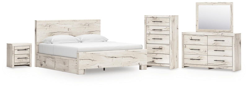 Lawroy King Panel Bed with Storage, Dresser, Mirror, Chest and Nightstand in Light Natural - PKG020190