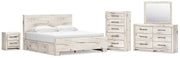 Lawroy King Panel Bed with Storage, Dresser, Mirror, Chest and Nightstand in Light Natural - PKG020199