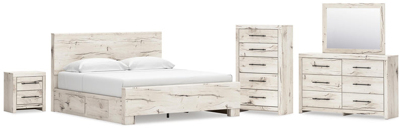 Lawroy King Panel Bed with Storage, Dresser, Mirror, Chest and Nightstand in Light Natural - PKG020199