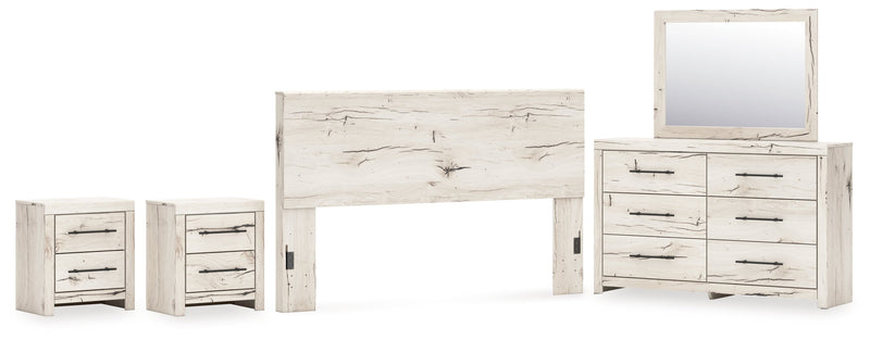 Lawroy King Panel Headboard with Mirrored Dresser and 2 Nightstands in Light Natural from Ashley - Luna Furniture