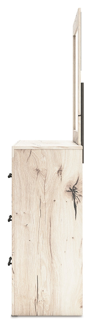 Lawroy King Panel Headboard with Mirrored Dresser and Chest in Light Natural from Ashley - Luna Furniture