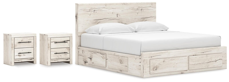 Lawroy King Panel Storage Bed and 2 Nightstands in Light Natural - PKG020211