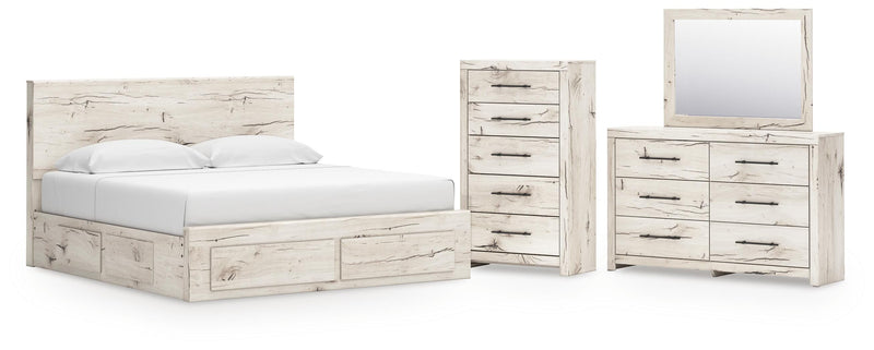 Lawroy King Panel Storage Bed, Dresser, Mirror and Chest in Light Natural - PKG020207