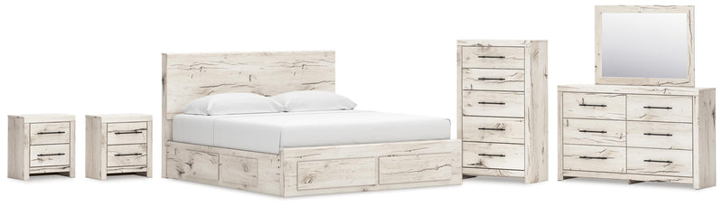 Lawroy King Panel Storage Bed, Dresser, Mirror, Chest and 2 Nightstands in Light Natural - PKG020205