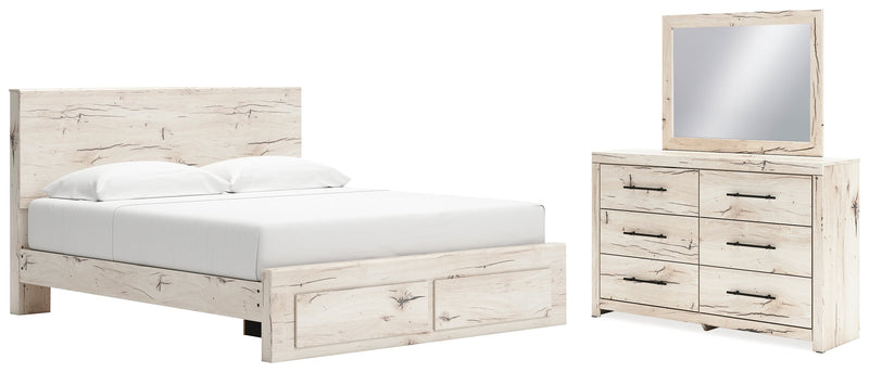 Lawroy King Panel Storage Bed with Mirrored Dresser in Light Natural - PKG020176