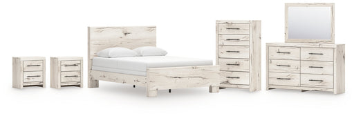 Lawroy Queen Panel Bed with Mirrored Dresser, Chest and 2 Nightstands in Light Natural from Ashley - Luna Furniture
