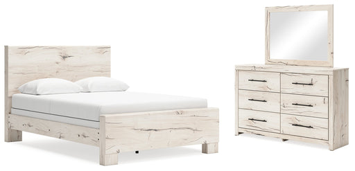 Lawroy Queen Panel Bed with Mirrored Dresser in Light Natural - PKG020076