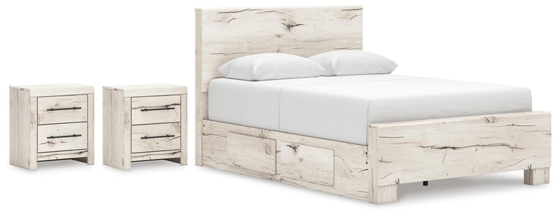 Lawroy Queen Panel Bed with Storage and 2 Nightstands in Light Natural - PKG020148