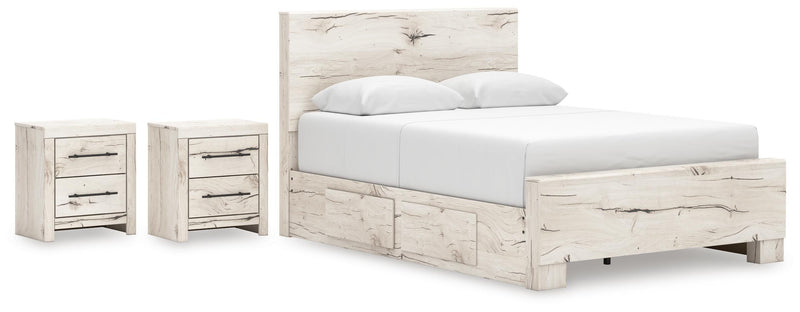 Lawroy Queen Panel Bed with Storage and 2 Nightstands in Light Natural - PKG020157