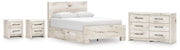Lawroy Queen Panel Bed with Storage, Dresser and 2 Nightstands in Light Natural - PKG020147