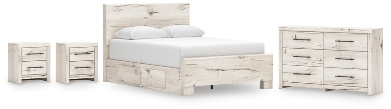 Lawroy Queen Panel Bed with Storage, Dresser and 2 Nightstands in Light Natural - PKG020147