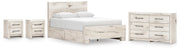 Lawroy Queen Panel Bed with Storage, Dresser and 2 Nightstands in Light Natural - PKG020156
