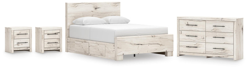Lawroy Queen Panel Bed with Storage, Dresser and 2 Nightstands in Light Natural - PKG020156