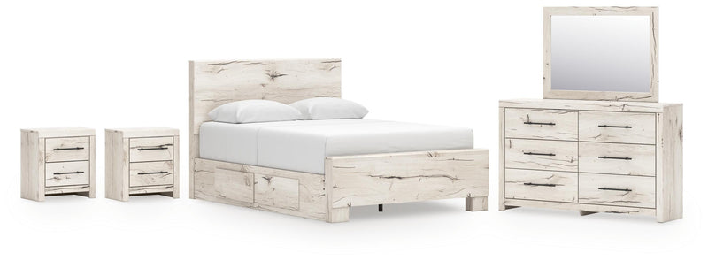 Lawroy Queen Panel Bed with Storage, Dresser, Mirror and 2 Nightstands in Light Natural - PKG020141