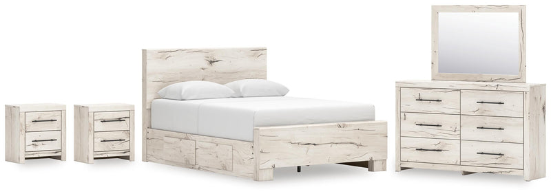 Lawroy Queen Panel Bed with Storage, Dresser, Mirror and 2 Nightstands in Light Natural - PKG020150
