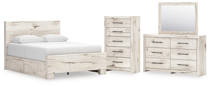 Lawroy Queen Panel Bed with Storage, Dresser, Mirror and Chest in Light Natural - PKG020153