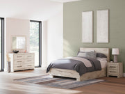 Lawroy Queen Panel Bed with Storage, Dresser, Mirror and Nightstand in Light Natural - PKG020152