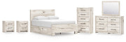 Lawroy Queen Panel Bed with Storage, Dresser, Mirror, Chest and 2 Nightstands in Light Natural - PKG020142