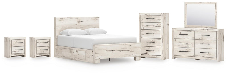 Lawroy Queen Panel Bed with Storage, Dresser, Mirror, Chest and 2 Nightstands in Light Natural - PKG020142