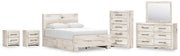 Lawroy Queen Panel Bed with Storage, Dresser, Mirror, Chest and 2 Nightstands in Light Natural - PKG020151