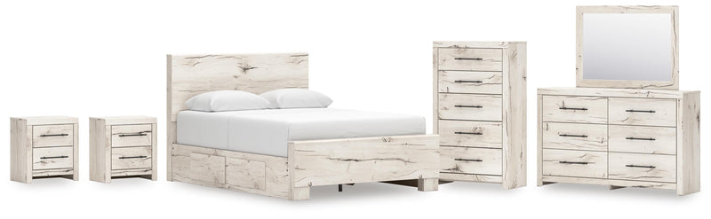 Lawroy Queen Panel Bed with Storage, Dresser, Mirror, Chest and 2 Nightstands in Light Natural - PKG020151