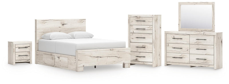 Lawroy Queen Panel Bed with Storage, Dresser, Mirror, Chest and Nightstand in Light Natural - PKG020145