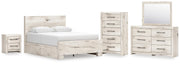 Lawroy Queen Panel Bed with Storage, Dresser, Mirror, Chest and Nightstand in Light Natural - PKG020154