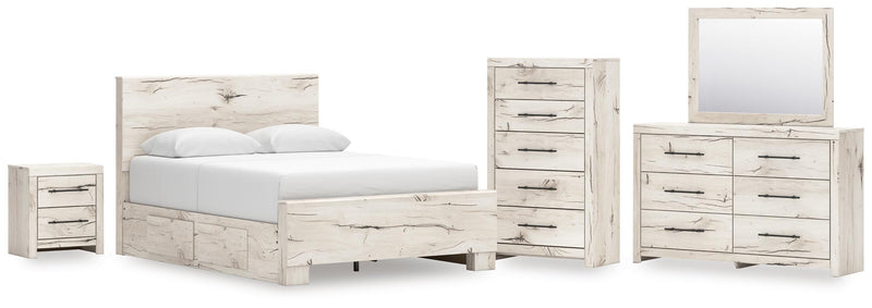 Lawroy Queen Panel Bed with Storage, Dresser, Mirror, Chest and Nightstand in Light Natural - PKG020154