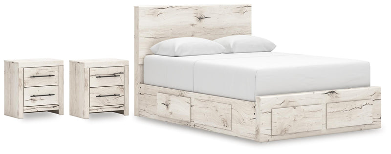 Lawroy Queen Panel Storage Bed and 2 Nightstands in Light Natural - PKG020166