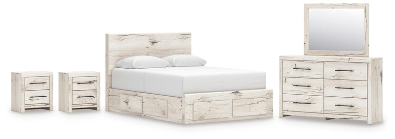 Lawroy Queen Panel Storage Bed, Dresser, Mirror and 2 Nightstands in Light Natural - PKG020159