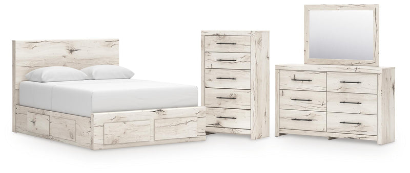 Lawroy Queen Panel Storage Bed, Dresser, Mirror and Chest in Light Natural - PKG020162
