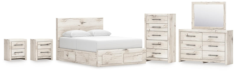 Lawroy Queen Panel Storage Bed, Dresser, Mirror, Chest and 2 Nightstands in Light Natural - PKG020160
