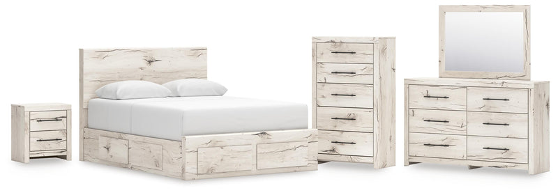 Lawroy Queen Panel Storage Bed, Dresser, Mirror, Chest and Nightstand in Light Natural - PKG020163
