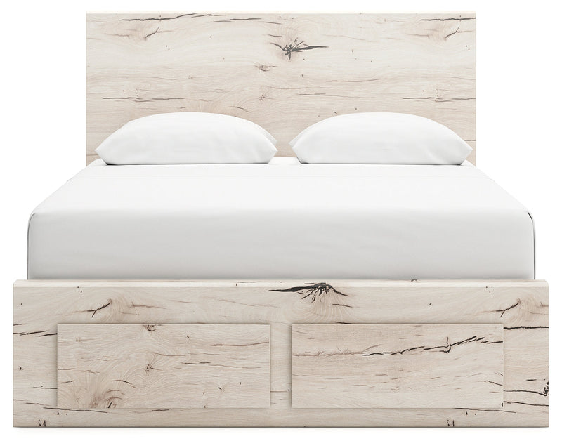 Lawroy Queen Panel Storage Bed with Mirrored Dresser and Chest in Light Natural from Ashley - Luna Furniture