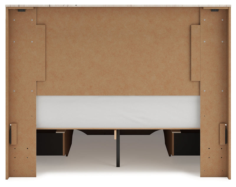 Lawroy Queen Panel Storage Bed with Mirrored Dresser in Light Natural - PKG020158