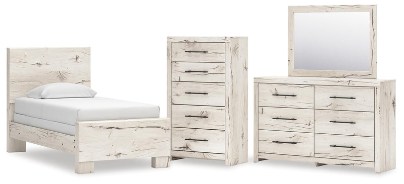 Lawroy Twin Panel Bed, Dresser, Mirror and Chest in Light Natural - PKG020216