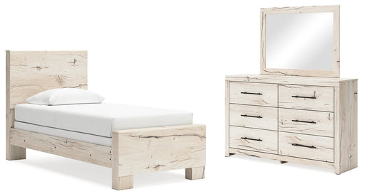 Lawroy Twin Panel Bed with Mirrored Dresser in Light Natural - PKG020212