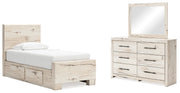 Lawroy Twin Panel Bed with Mirrored Dresser in Light Natural - PKG020239