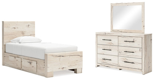 Lawroy Twin Panel Bed with Mirrored Dresser in Light Natural - PKG020239