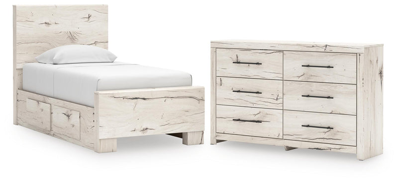Lawroy Twin Panel Bed with Storage and Dresser in Light Natural - PKG020245