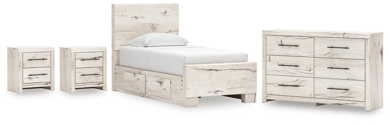 Lawroy Twin Panel Bed with Storage, Dresser and 2 Nightstands in Light Natural - PKG020246