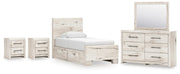Lawroy Twin Panel Bed with Storage, Dresser, Mirror and 2 Nightstands in Light Natural - PKG020240