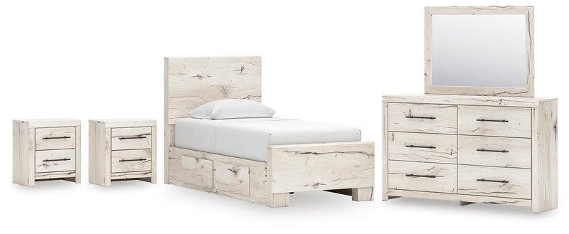 Lawroy Twin Panel Bed with Storage, Dresser, Mirror and 2 Nightstands in Light Natural - PKG020240